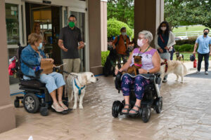 Five service dogs, their handlers (two in wheelchairs), and a few dogless people hang out and talk outside of a hotel.